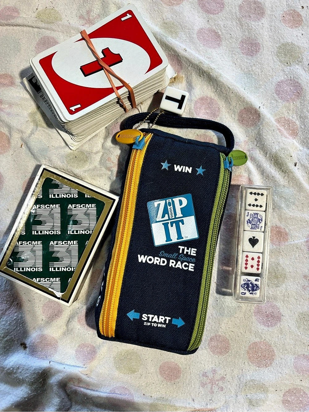 Bundle- Bananagrams Zip-It The Small Space Word Race Card Game, Uno, cards, dice